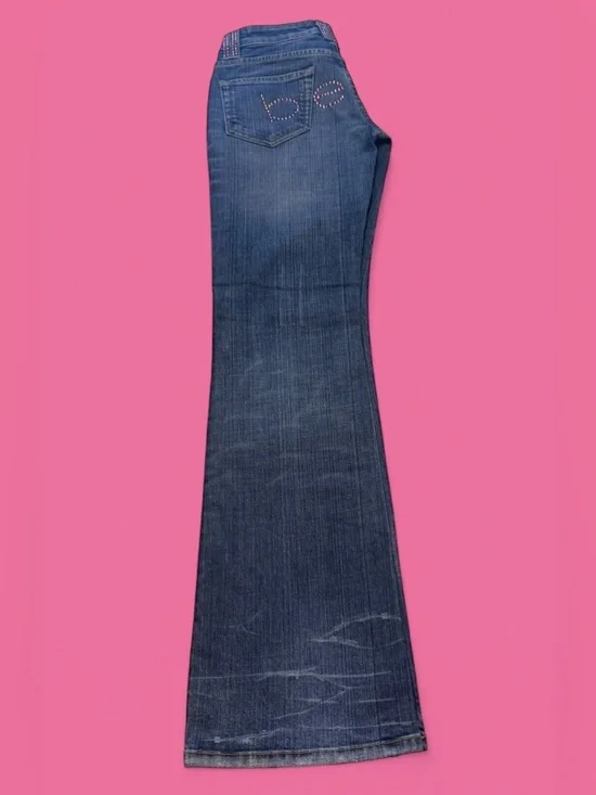 bebe Blue Denim Bootcut Jeans with Pink Rhinestone Logo - Picture 2 of 12